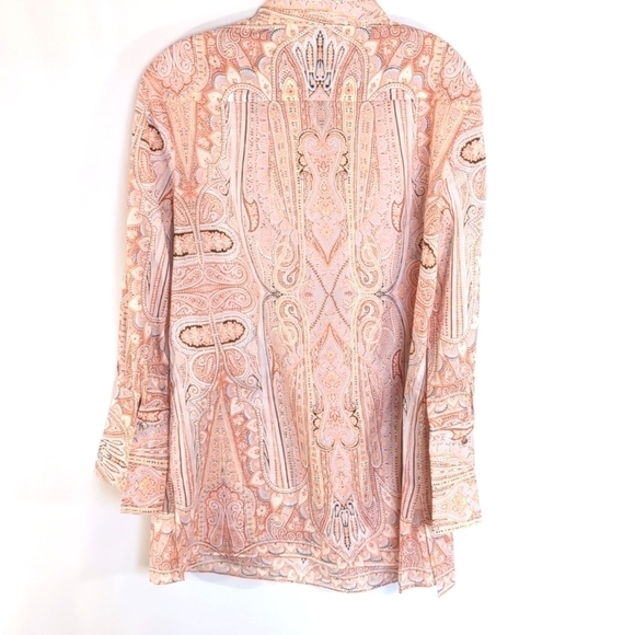 Tahari 100% Cotton Peach Patterned Long Sleeve Collarless Blouse Size Large - Picture 4 of 4